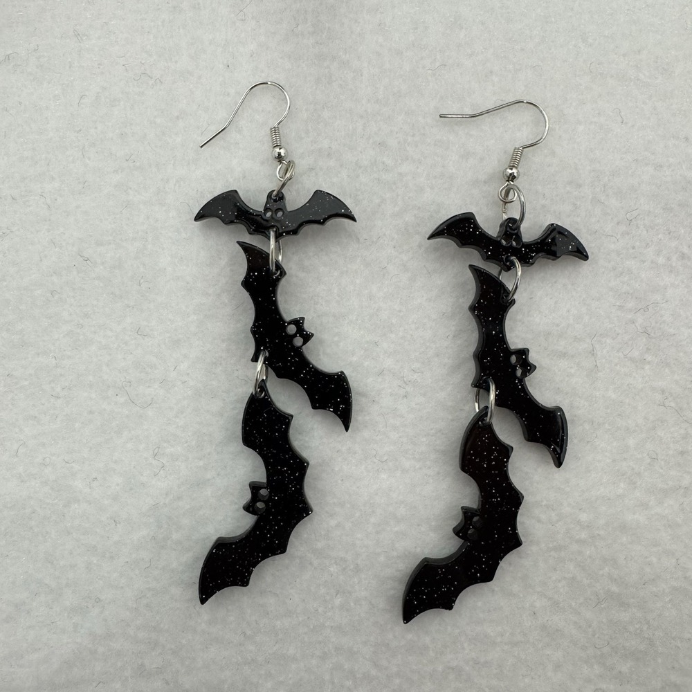 Black Acrylic Bat Dangle Drop Hook Earrings No Stone Halloween Theme